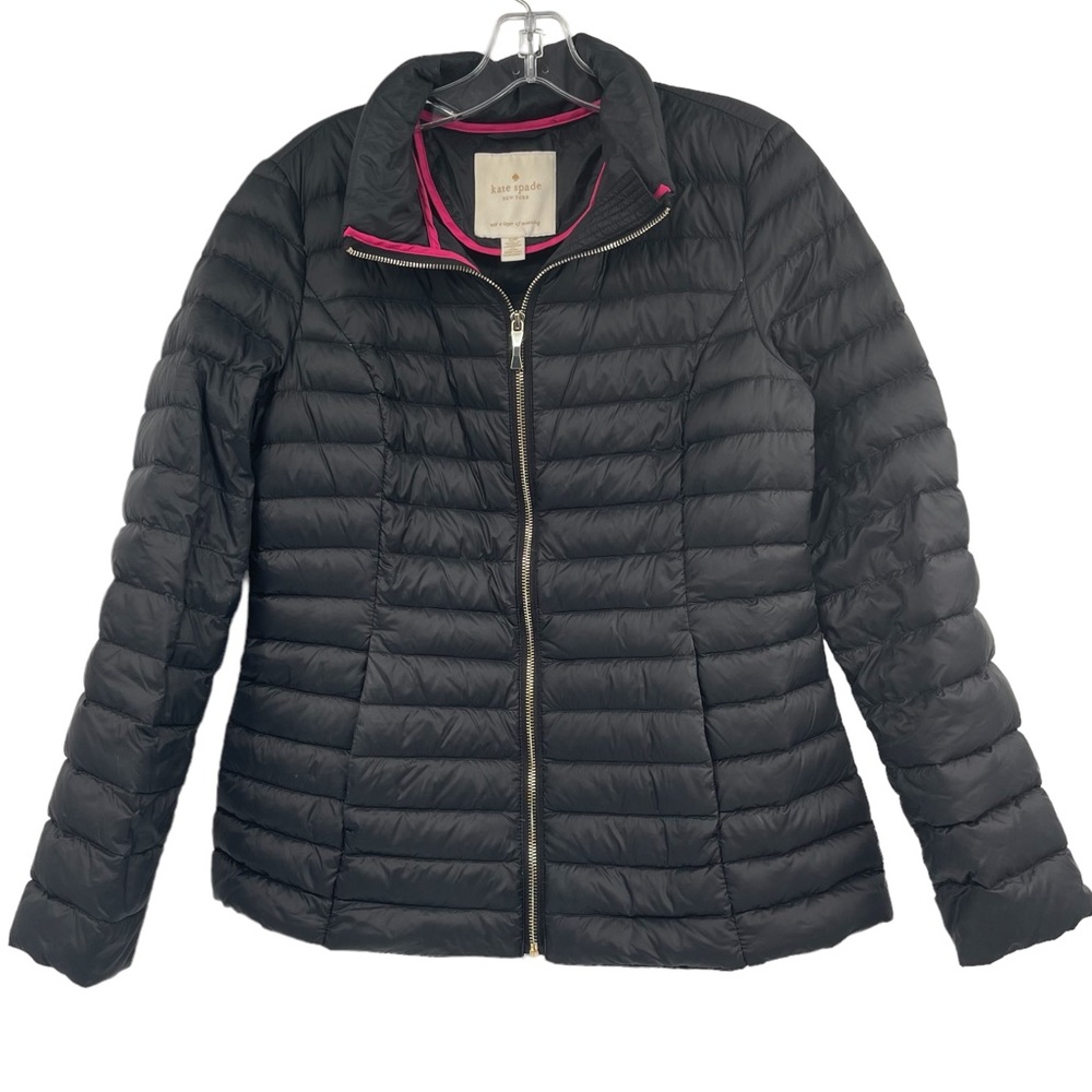 Kate Spade Quilted Down Puffer Full Zip Lightweight Hooded Jacket Black Small P - Picture 3 of 17